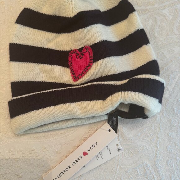 Striped Black and White Knit Hat with Pink Heart Patch - Picture 4 of 4